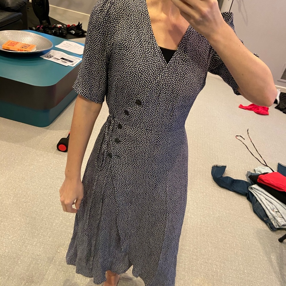Blue polka dot wrap dress